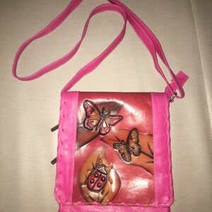 Butterfly & Lady Bug Handmade Embossed Pink Softened Cross Body Leather Purse